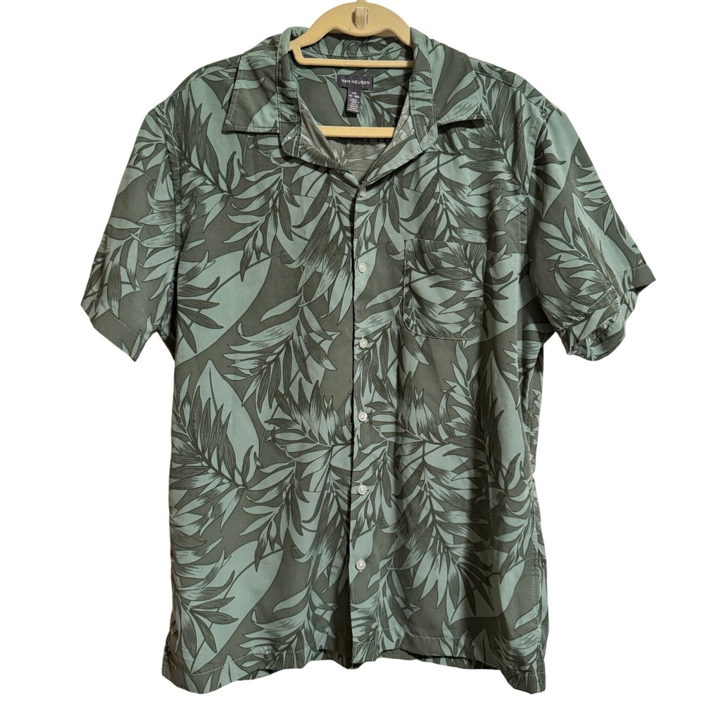 Van Heusen Mens Green Tropical Leaf Print Short Sleeve Button Down Shirt Large